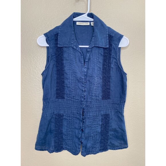 Vintage Coldwater Creek Womens Blue Sleeveless Button-Front Linen Top Size S - Picture 2 of 7